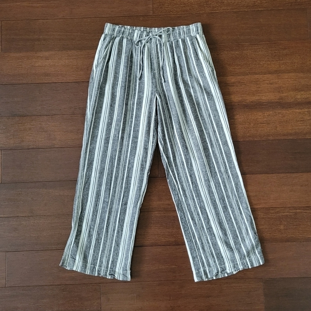 Briggs Women’s Linen Blend Wide Leg Pull-On Pants Grey/White Stripe Size L